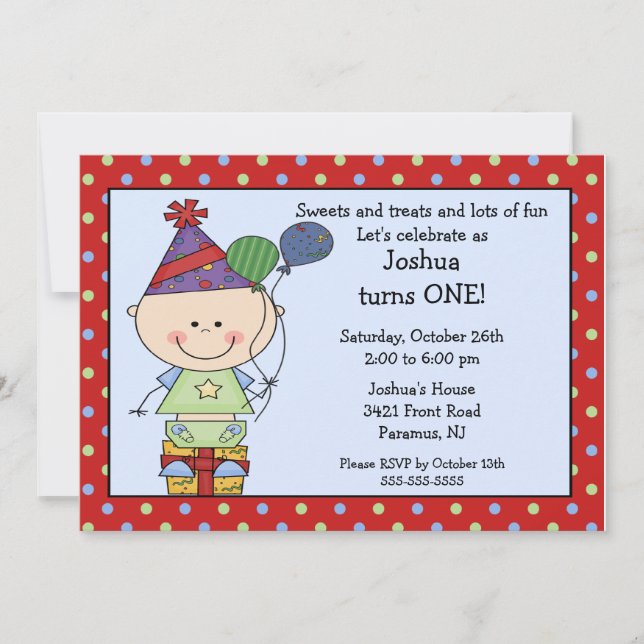 Stick Figure Baby Boy 1st Birthday Invitation (Front)