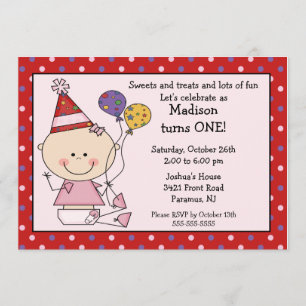 Stick Figure Baby Girl 1st Birthday Invitation
