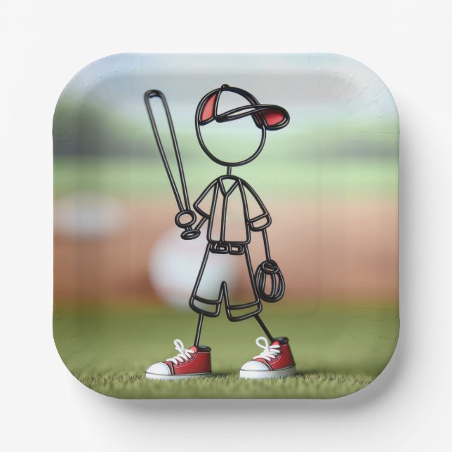 Stick Figure Baseball Player With Red Sneakers Paper Plate (Front)