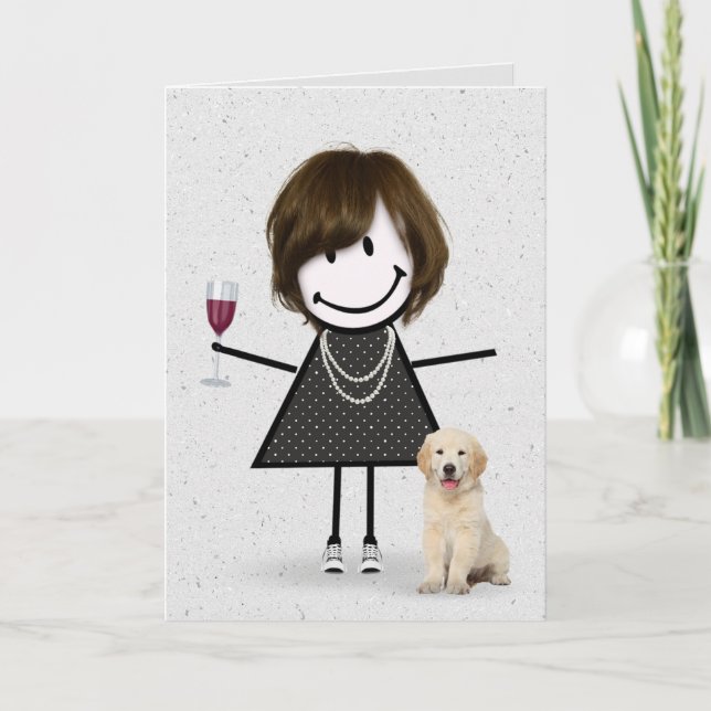 Stick Figure Birthday Girl with Dog   Card (Front)