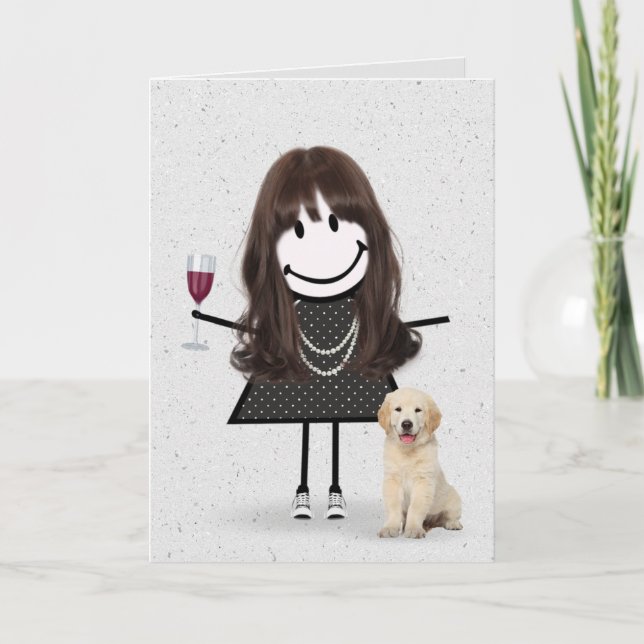 Stick Figure Birthday Girl with Dog Card (Front)