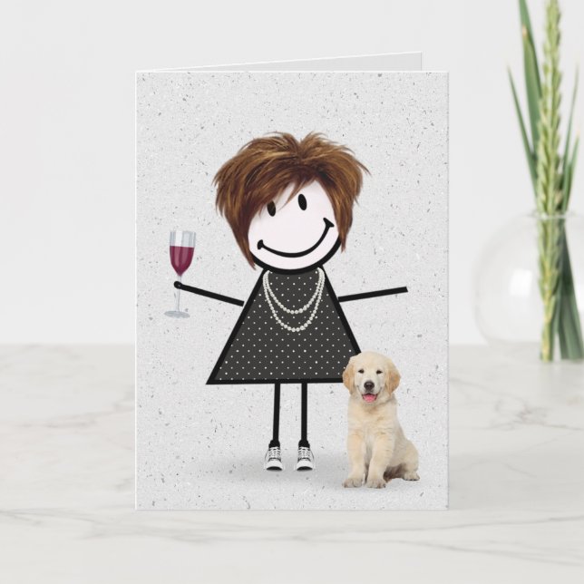 Stick Figure Birthday Girl with Golden Retriever Card (Front)