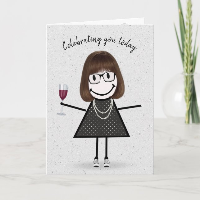Stick Figure Birthday Girl with Red Wine Card (Front)