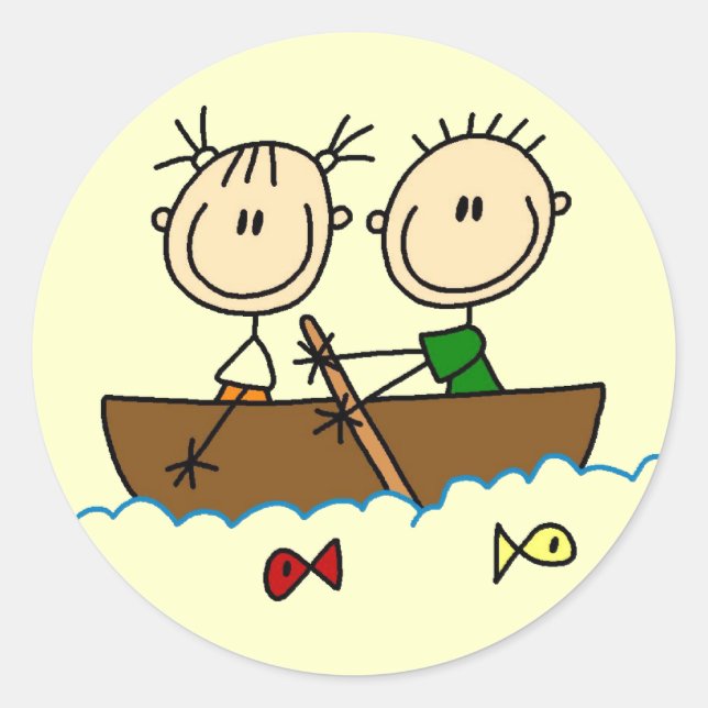 Stick Figure Boat Fishing Tshirts and Gifts Classic Round Sticker (Front)