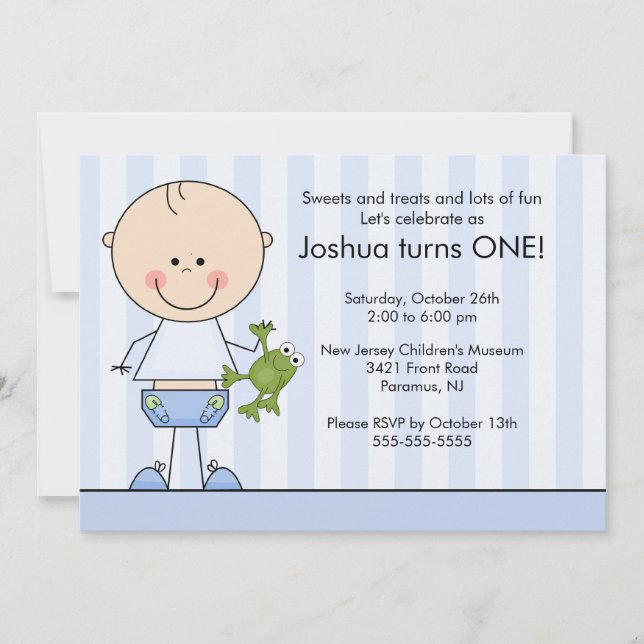 Stick figure Boy 1st  Birthday Invitation (Front)