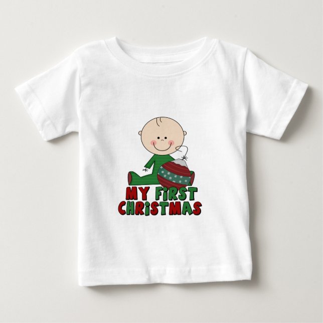 Stick Figure Boy First Christmas Baby T-Shirt (Front)