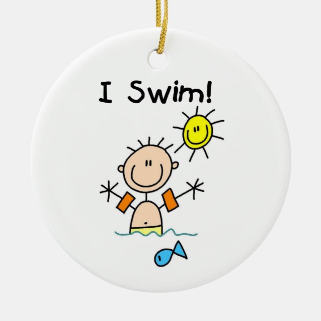 Stick Figure Boy I Swim Ceramic Tree Decoration (Front)