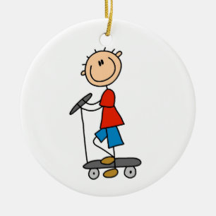Stick Figure Boy on Scooter Ceramic Ornament