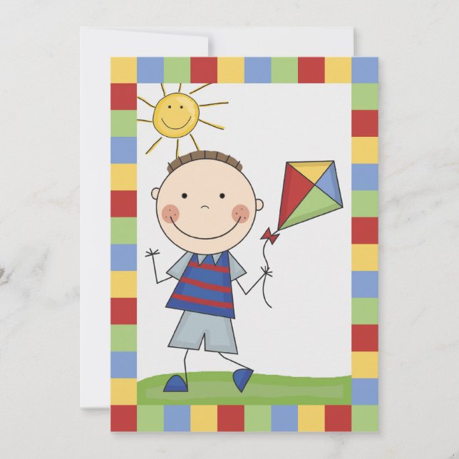 Stick Figure Boy With Kite Birthday Invite (Front)