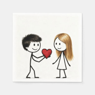 Stick Figure Boy with Red Heart Napkin