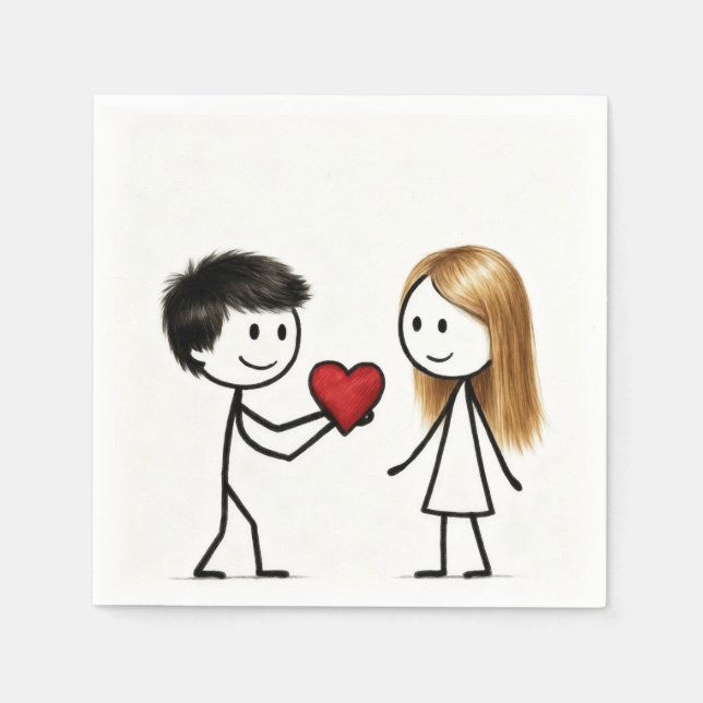 Stick Figure Boy with Red Heart Napkin (Front)