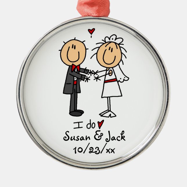 Stick Figure Bride & Groom Personalised Metal Ornament (Front)
