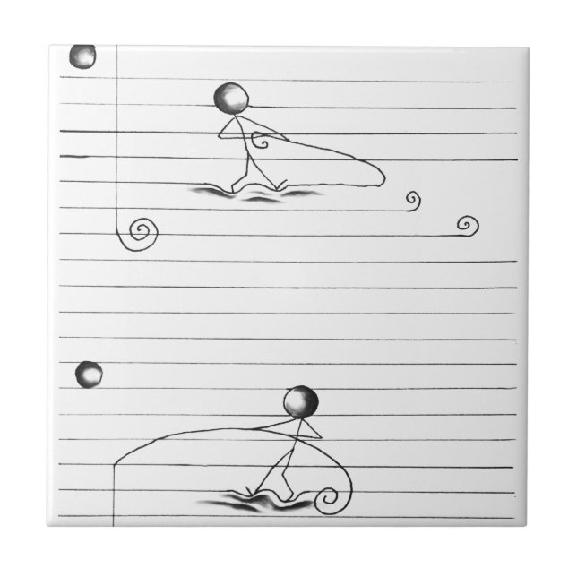 Stick Figure Cartoon Drawing on Lined Paper Ceramic Tile (Front)