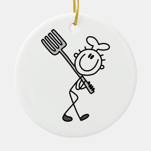 Stick Figure Chef With Fork Ceramic Ornament (Front)