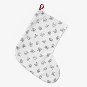 Stick Figure Christmas Cheer Black on White Holida Large Christmas Stocking