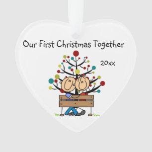Stick Figure Couple on Bench Heart Ornament