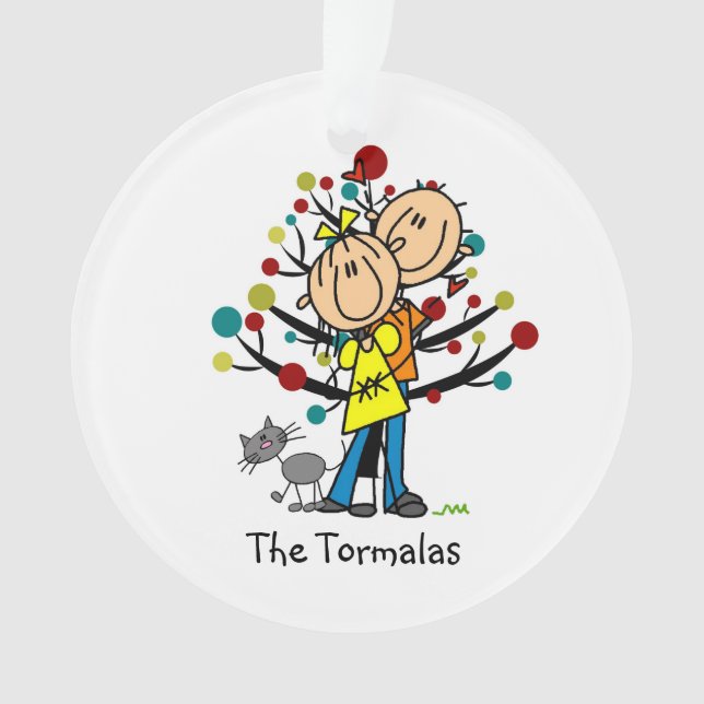 Stick Figure Couple With Cat Christmas Ornament (Front)