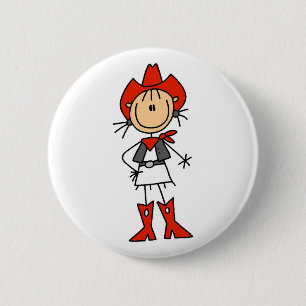 Stick Figure Cowgirl Red Hat and Boots Button