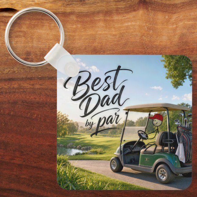 Stick Figure Dad Golfer in a Golf Cart Key Ring (Front)