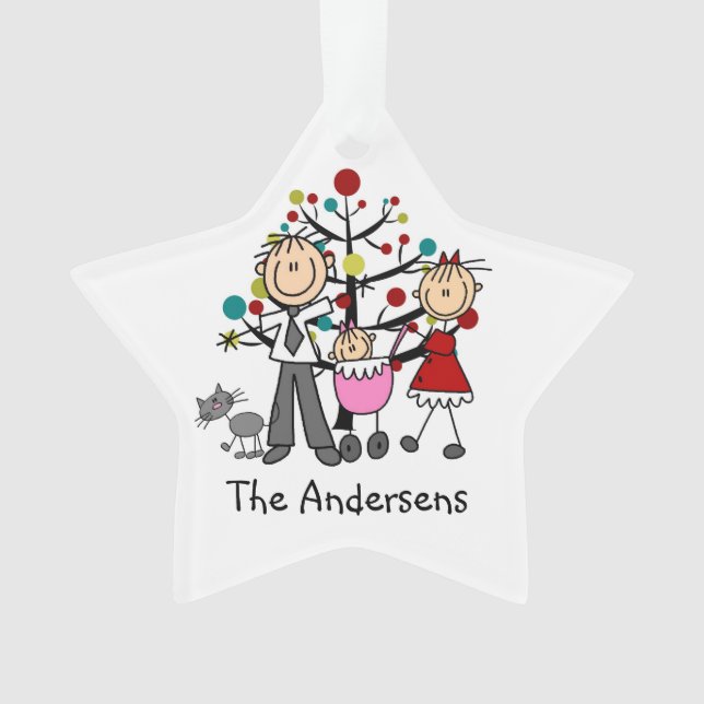 Stick Figure Dad Mum Baby Cat Acrylic Ornament (Front)