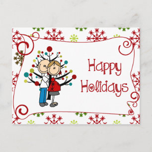 Stick Figure Expectant Couple Holiday Postcard