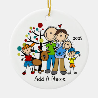 Stick Figure Family 3 Children and Dog Ceramic Ornament