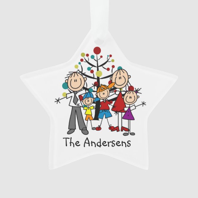 Stick Figure Family of 5 Holiday Acrylic Ornament (Front)