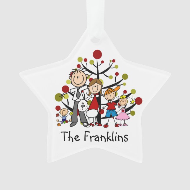 Stick Figure Family of 5 With Dog Acrylic Ornament (Front)