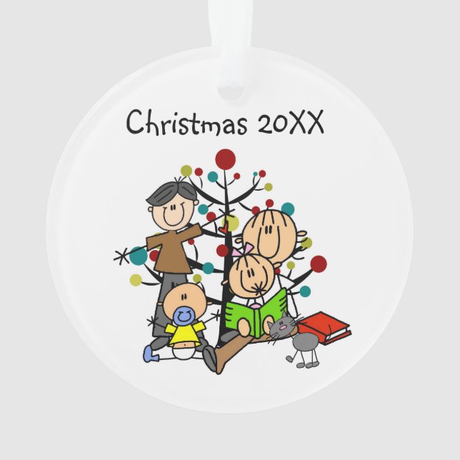 Stick Figure Family with Cat Acrylic Ornament (Back)