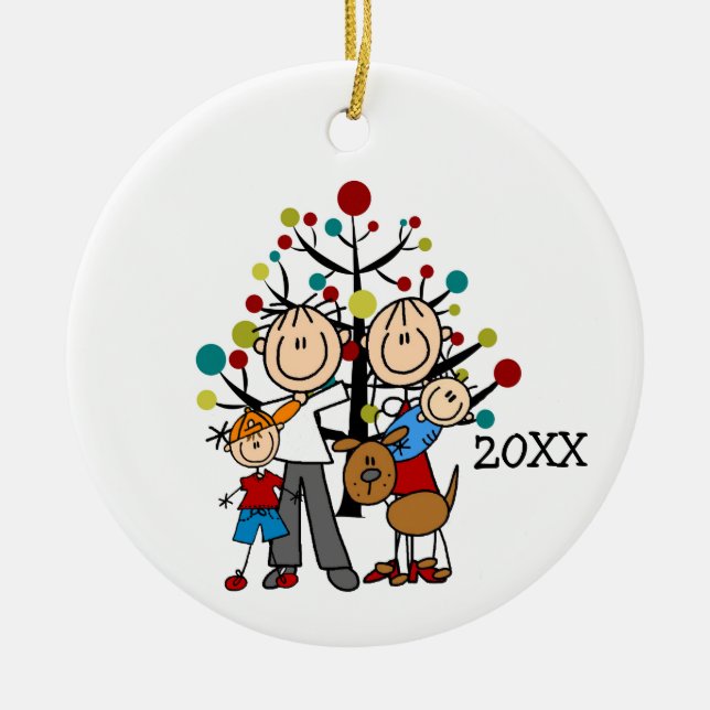 Stick Figure Family With Dog Ceramic Ornament (Front)