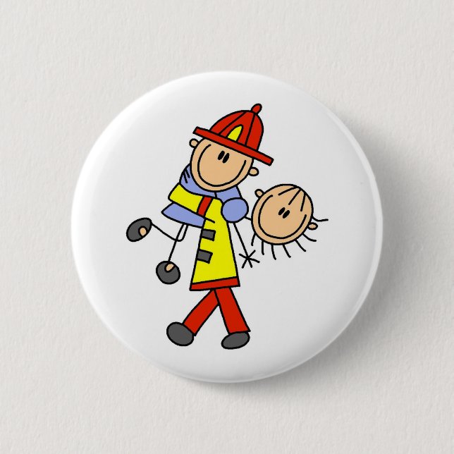 Stick Figure Firefighter Saving Lives Button (Front)