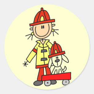 Stick Figure Firefighter with Dalmation Classic Round Sticker