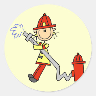Stick Figure Firefighter with Hose Classic Round Sticker