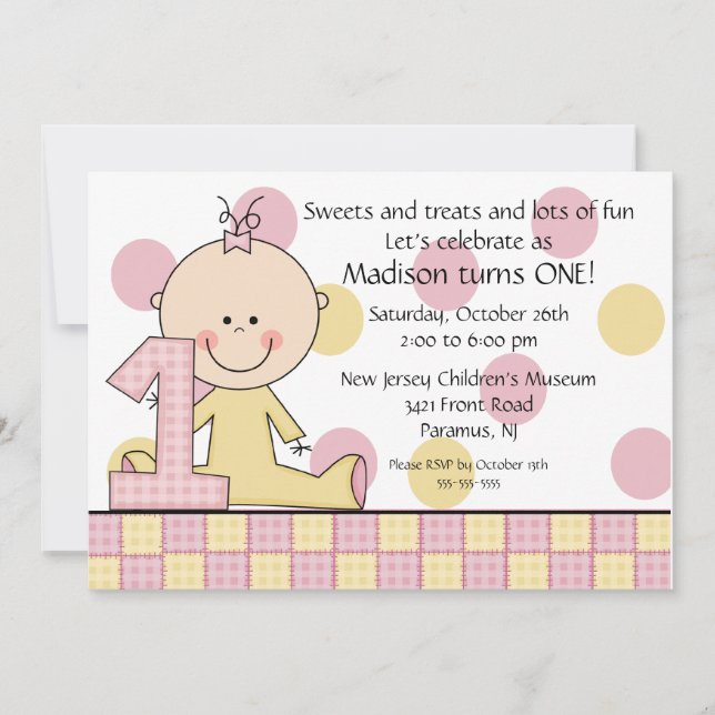 Stick figure Girl 1st  Birthday Invitation (Front)