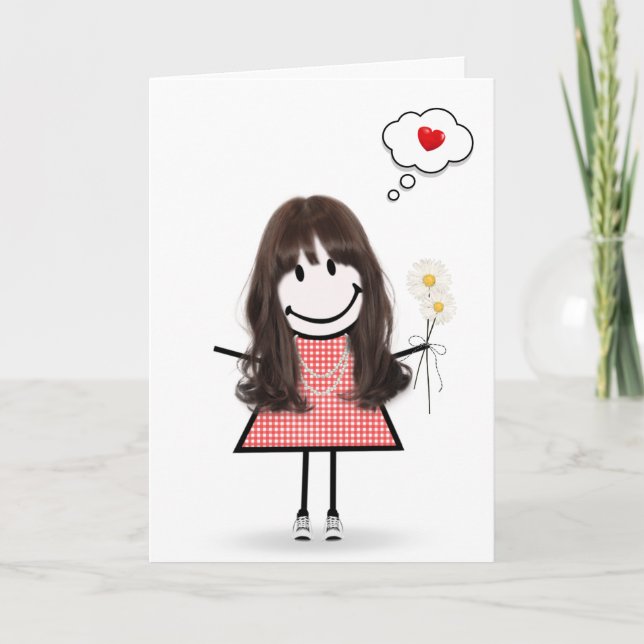 Stick Figure Girl Gingham Dress Thinking of You  Card (Front)