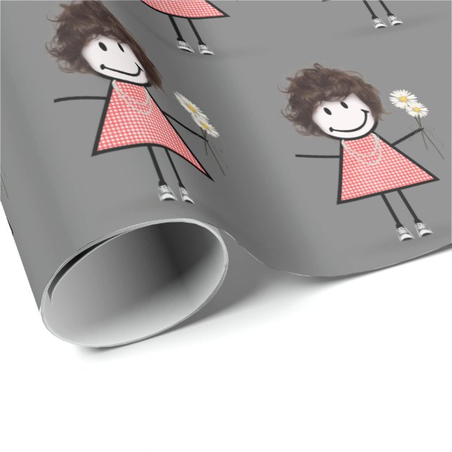 Stick Figure Girl in Sneakers on Grey Wrapping Paper (Roll Corner)