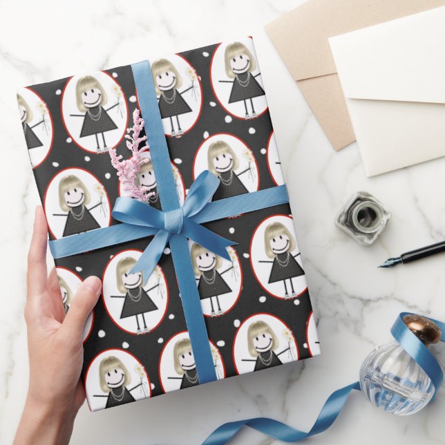 Stick Figure Girl in Sneakers on Polka Dots Wrapping Paper (Gifting)