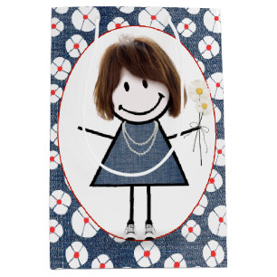 Stick Figure Girl On Denim and Daisies  Medium Gift Bag