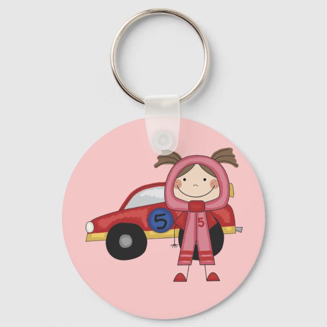 Stick  Figure Girl Race Car Driver Tshirts Key Ring (Front)