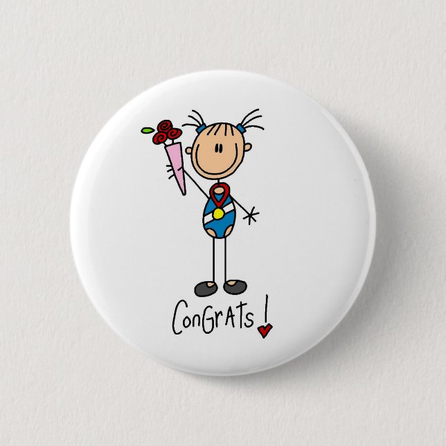 Stick Figure Girl Winning Medal Button (Front)