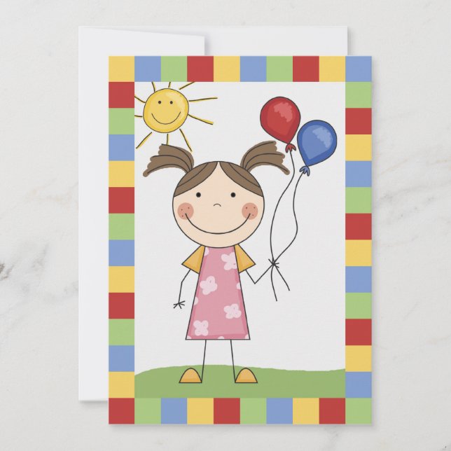 Stick Figure Girl With Balloons Birthday Invite (Front)