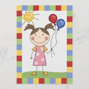 Stick Figure Girl With Balloons Birthday Invite