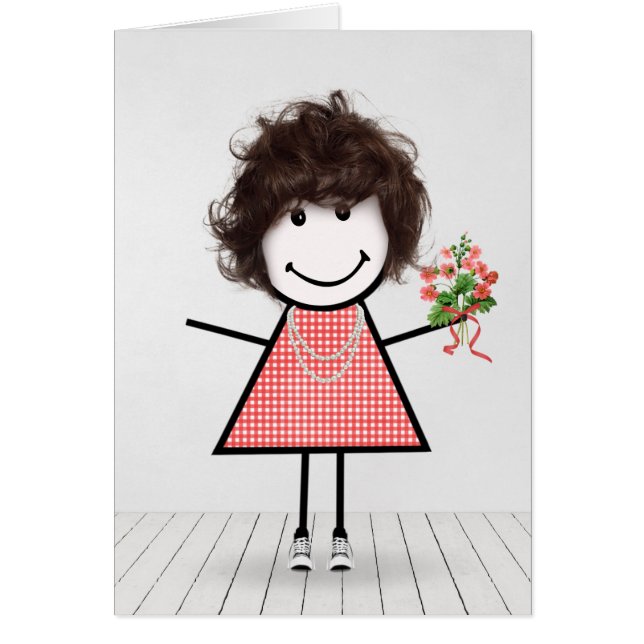 Stick Figure Girl with Birthday Bouquet (Front)