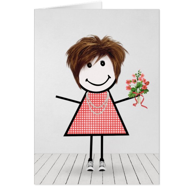 Stick Figure Girl with Birthday Bouquet (Front)