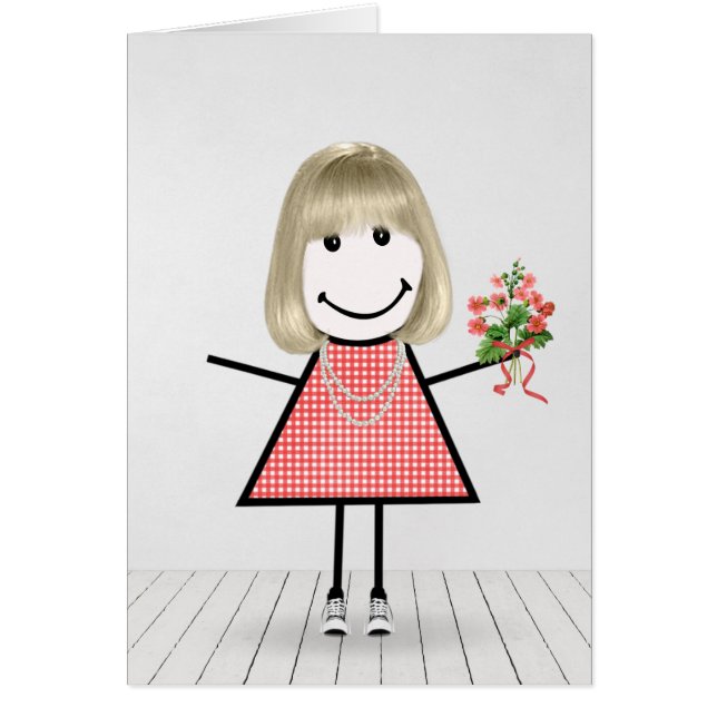 Stick Figure Girl with Birthday Bouquet (Front)