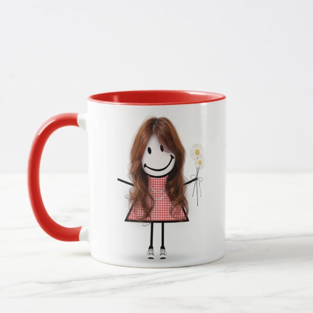 Stick Figure Girl with Daisies and Quote Mug (Left)
