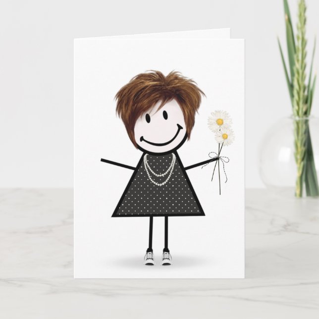 Stick Figure Girl With Daisies Card (Front)