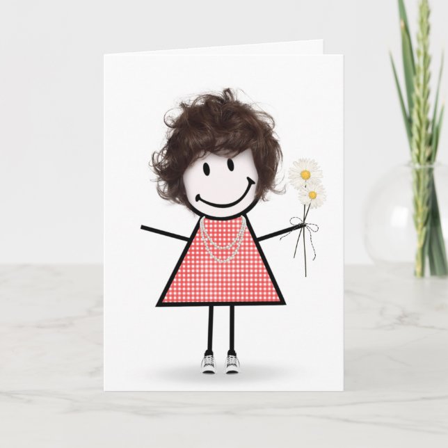 Stick Figure Girl With Daisies Card (Front)