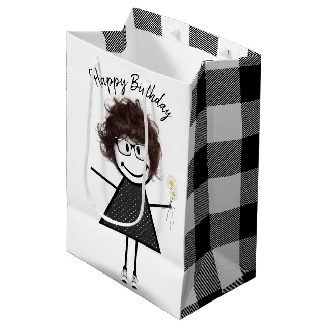 Stick Figure Girl with Daisies Medium Gift Bag (Front Angled)