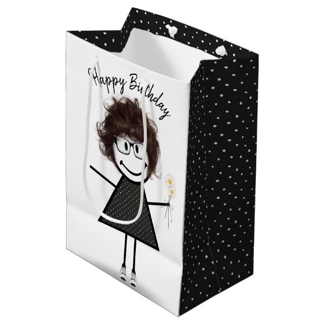 Stick Figure Girl with Daisies Medium Gift Bag (Front Angled)